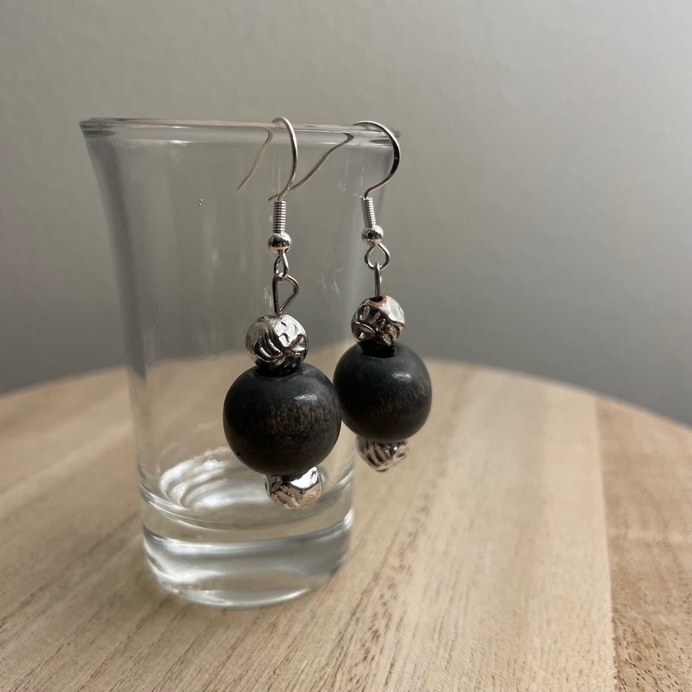 Silvery Wood Beaded Earrings